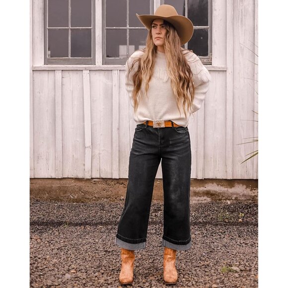 Wide Leg Jeans Women High Waisted Denim Crop Pants Casual Baggy Comfort - Picture 6 of 7